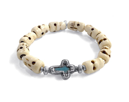Ethno Armband Bone-Perlen Skull-Motive Kreuz Howlith Türkis 925 Sterling Silber Dehnbar Unikat
