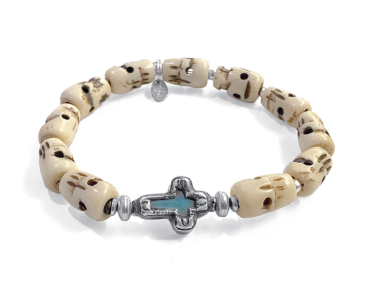 Ethno Armband Bone-Perlen Skull-Motive Kreuz Howlith Türkis 925 Sterling Silber Dehnbar Unisex Unikat