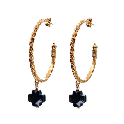 Gem Kingdom Creolen Bronze Vergoldet Kreuz Onyx Schwarz Golden Heritage