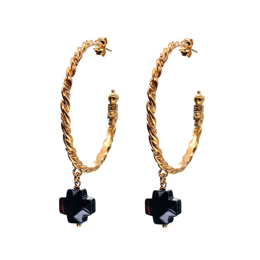 Gem Kingdom Creolen Bronze Vergoldet Kreuz Onyx Schwarz Golden Haritage