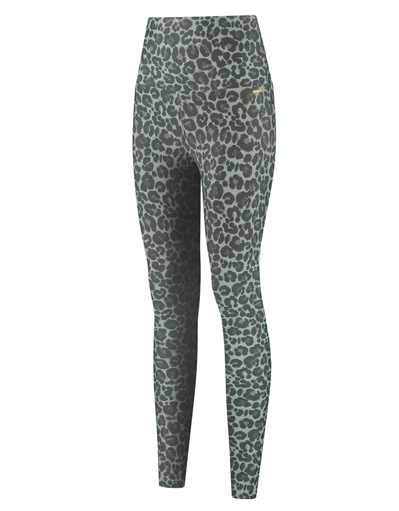Deblon Sports Classic Lifting Leggings Leoparden-Print Sage Salbei Hoher Bund Slim-Fit Seitlich