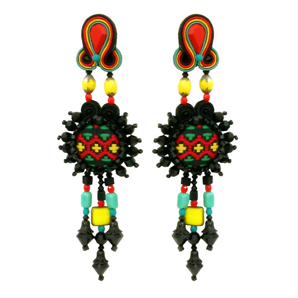 Dori Csengeri Statement-Boho-Ohrringe Kyra Textil-Details Swarovski-Kristalle Rot Grün Gelb Schwarz 11 cm Lang