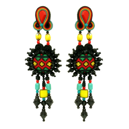Dori Csengeri Statement-Boho-Ohrringe Kyra Textil-Details Swarovski-Kristalle Rot Grün Gelb Schwarz 11 cm Lang