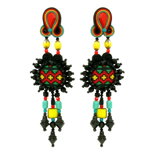 Dori Csengeri Statement-Boho-Ohrringe Kyra Textil-Details Swarovski-Kristalle Rot Grün Gelb Schwarz 11 cm Lang