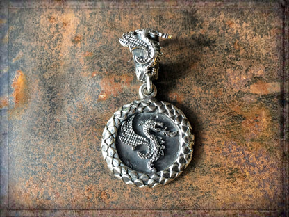 Elfcraft Münz-Anhänger Drachen-Motiv Drachenschuppen-Fassung Sterling Silber Massiv Unisex