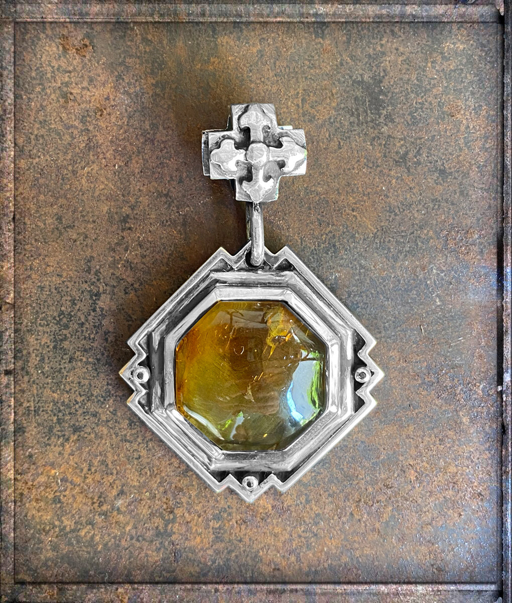 Elfcraft Anhänger Octagon Kreuz Öse Bernstein Schwarze Diamanten 925 Sterling Silber 1