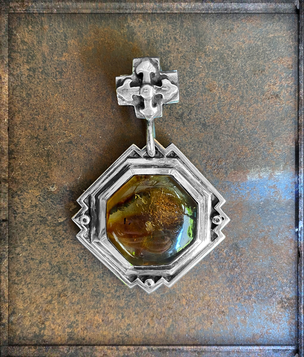 Elfcraft Anhänger Octagon Kreuz Öse Bernstein Schwarze Diamanten 925 Sterling Silber 2