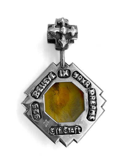 Elfcraft Anhänger Octagon Kreuz Öse Bernstein Schwarze Diamanten 925 Sterling Silber Rückseite