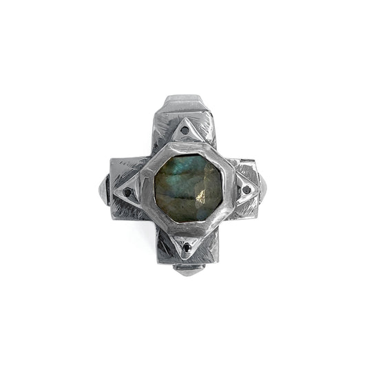 Elfcraft Anhänger Kreuz Octagon Labradorit Schwarze Diamanten 925 Sterling Silber

