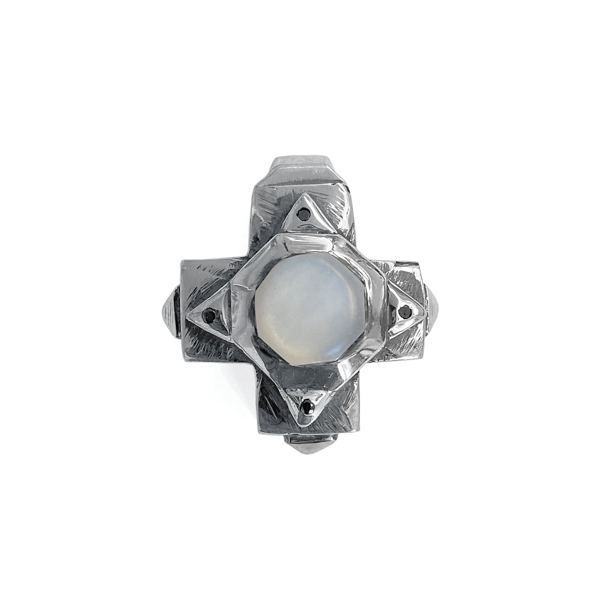 Elfcraft Anhänger Kreuz Octagon Mondstein Schwarze Diamanten 925 Sterling Silber

