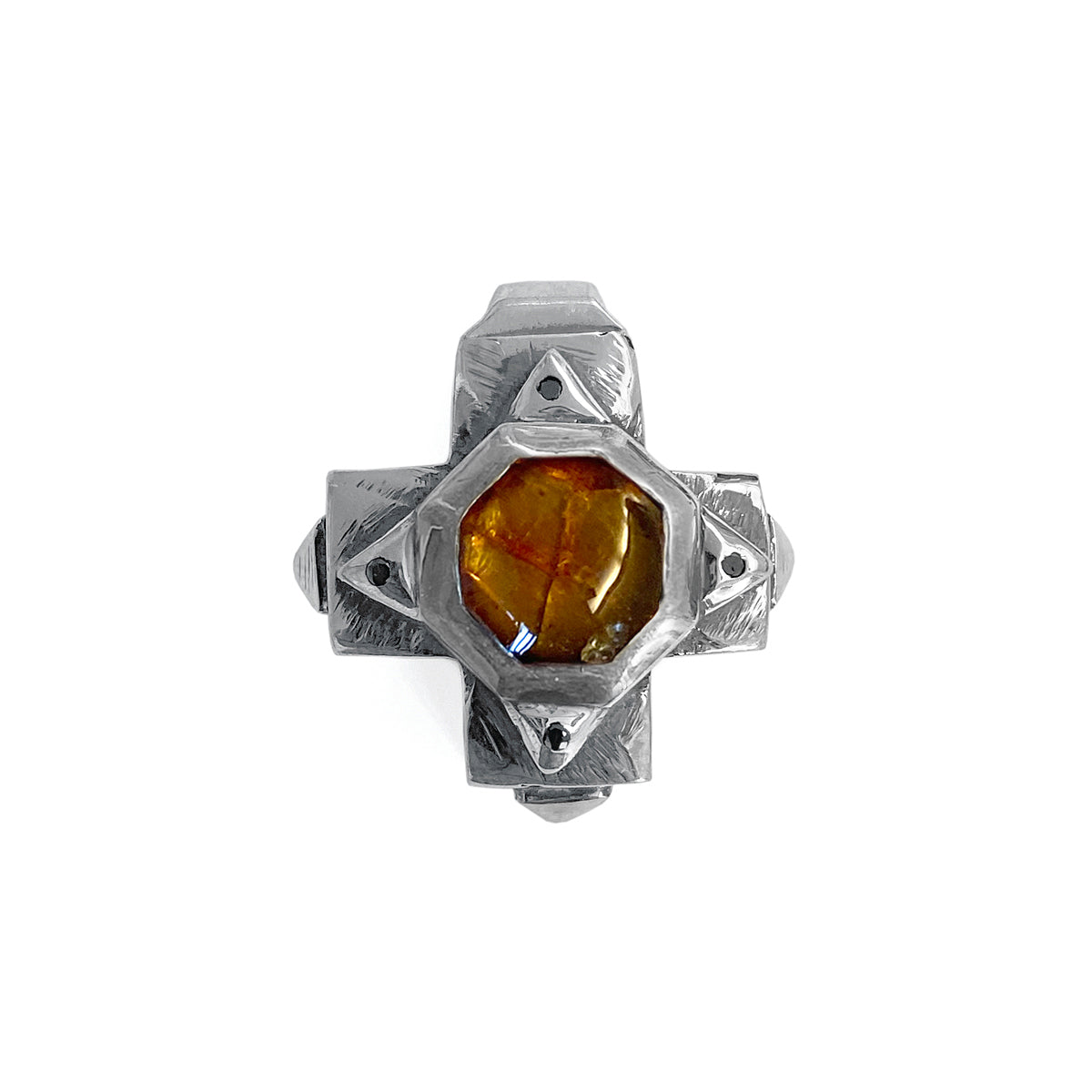 Elfcraft Anhänger Kreuz Octagon Bernstein Schwarze Diamanten 925 Sterling Silber
