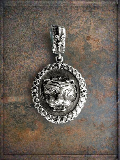 Elfcraft Anhänger Rund Löwenkopf Schwarze Diamanten Drachenschuppen-Optik Lilien-Öse Sterling Silber Massiv Unisex