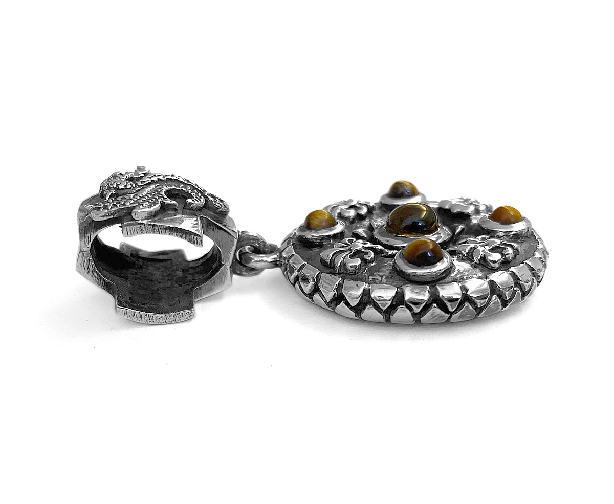 Elfcraft Anhänger Rund Lilien-Ornamente Bernstein Rauchquarz Drachen-Öse Sterling Silber Massiv Unisex Seitlich