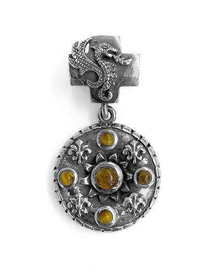 Elfcraft Anhänger Rund Lilien-Ornamente Bernstein Tigerauge Drachen-Öse Sterling Silber Massiv Unisex