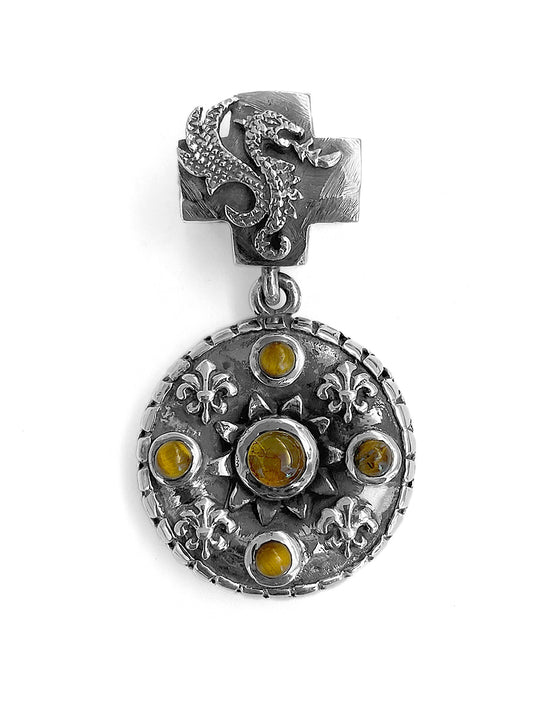 Elfcraft Anhänger Rund Lilien-Ornamente Bernstein Tigerauge Drachen-Öse Sterling Silber Massiv Unisex