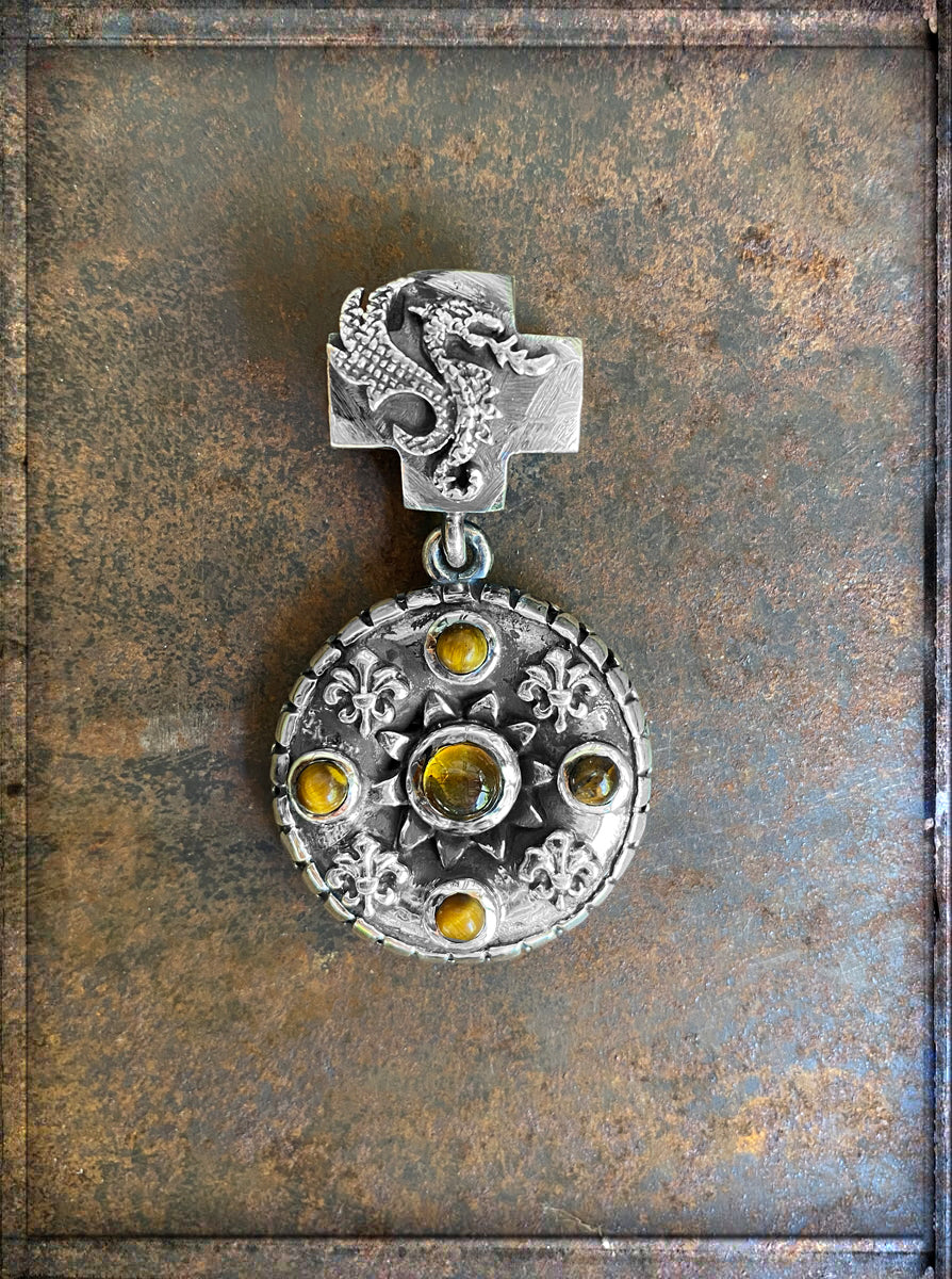 Elfcraft Anhänger Rund Lilien-Ornamente Bernstein Rauchquarz Drachen-Öse 925 Sterling Silber Massiv Unisex