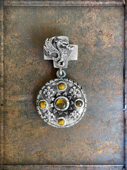 Elfcraft Anhänger Rund Lilien-Ornamente Bernstein Rauchquarz Drachen-Öse 925 Sterling Silber Massiv Unisex