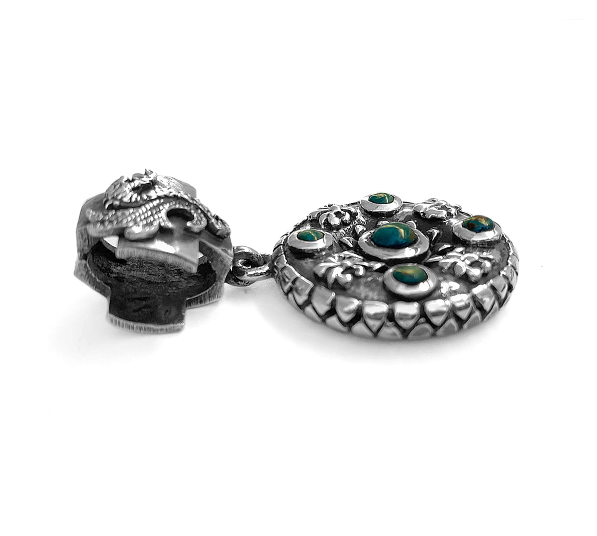 Elfcraft Anhänger Rund Lilien-Ornamente Chrysokoll Drachen-Öse 925 Sterling Silber Massiv Unisex Seitlich