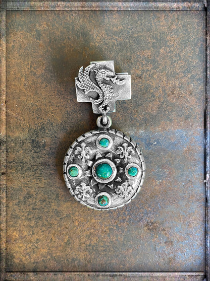 Elfcraft Anhänger Rund Lilien-Ornamente Chrysokoll Drachen-Öse Sterling Silber Massiv Unisex