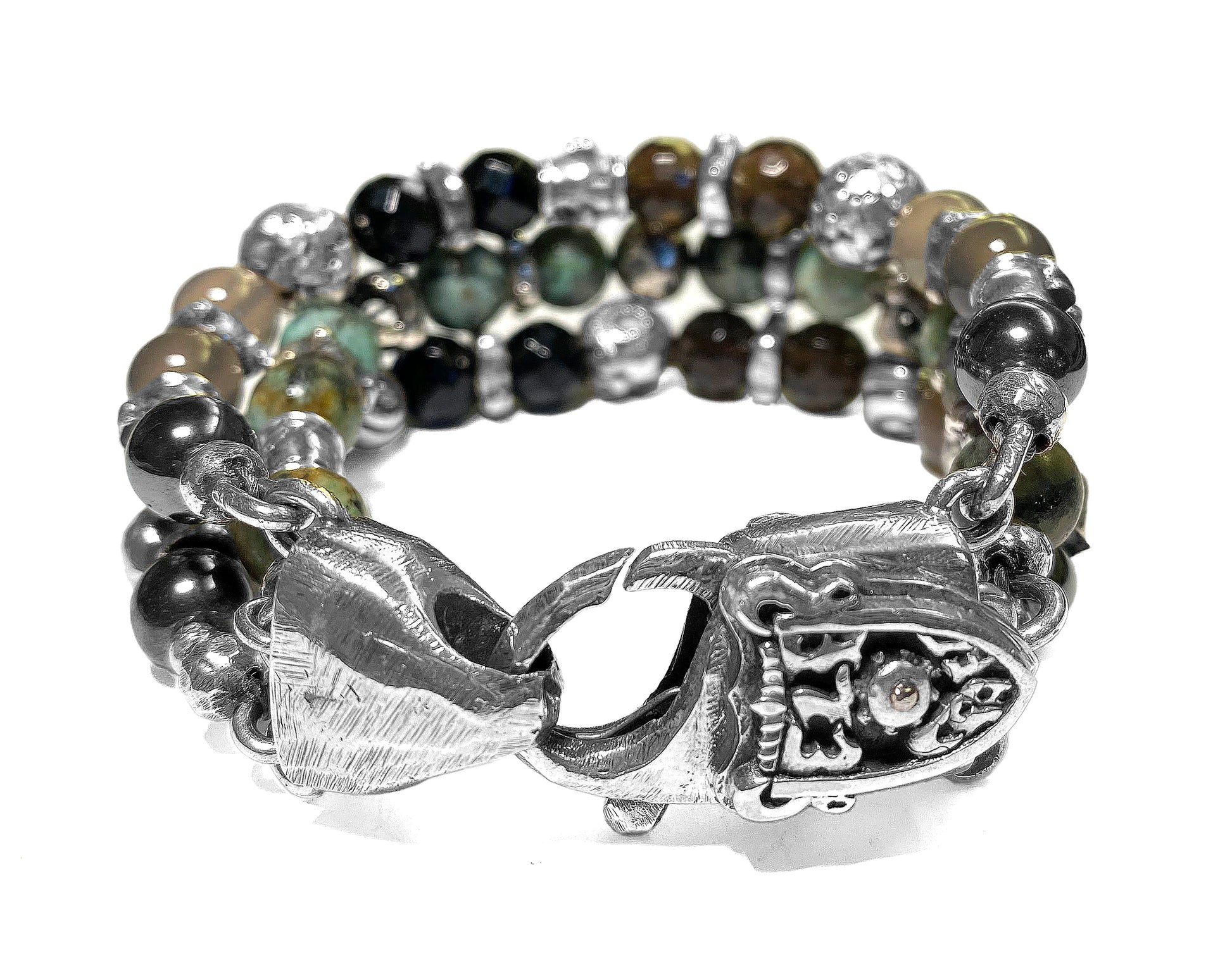Elfcraft Armband Breit Dreireihig Afrikanischer Türkis Onyx Lava Hämatit Meteorit 925 Sterling Silber Massiv Unisex