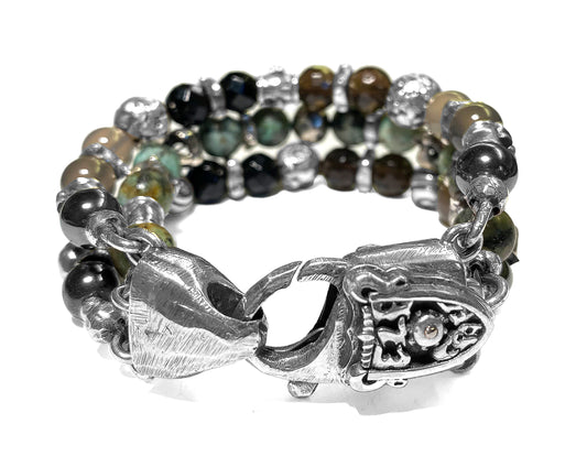 Elfcraft Armband Breit Dreireihig Afrikanischer Türkis Onyx Lava Hämatit Meteorit 925 Sterling Silber Massiv Unisex