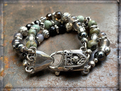 Elfcraft Armband Breit Dreireihig Meteorit Karabiner Afrikanischer Türkis Onyx Lava 925 Sterling Silber Massiv