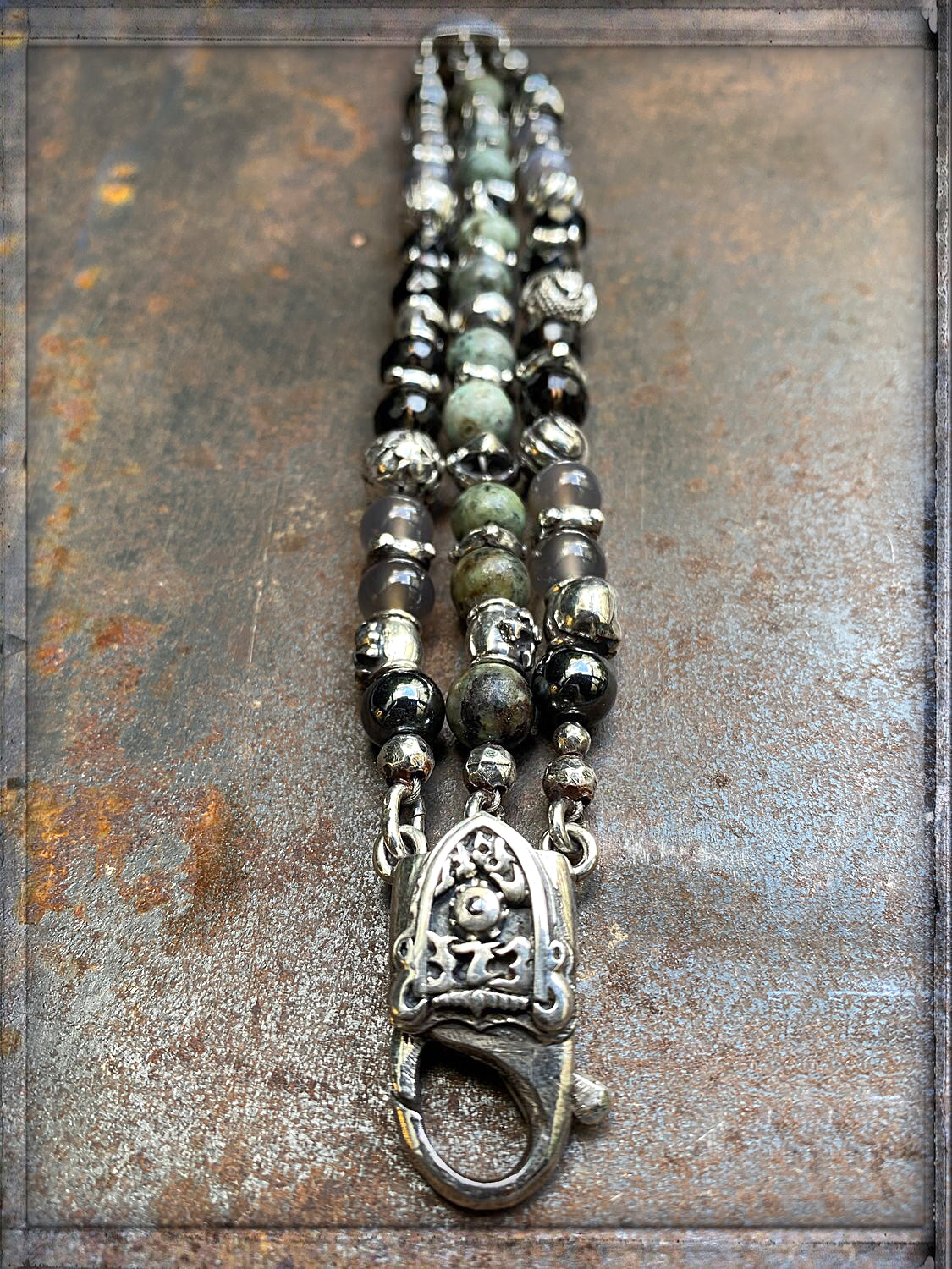Elfcraft Armband Breit Dreireihig Meteorit Karabiner Afrikanischer Türkis Onyx Lava Sterling Silber Massiv