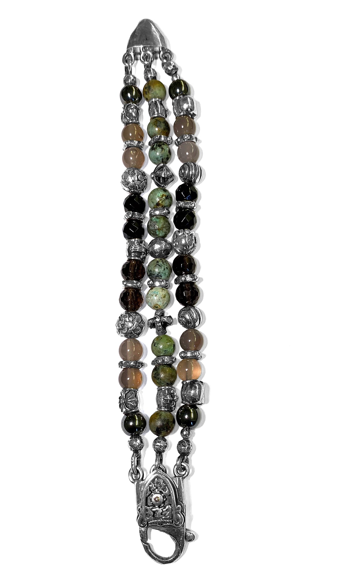 Elfcraft Armband Breit Dreireihig Afrikanischer Türkis Onyx Lava Labradorit Hämatit Meteorit 925 Sterling Silber Massiv Unisex