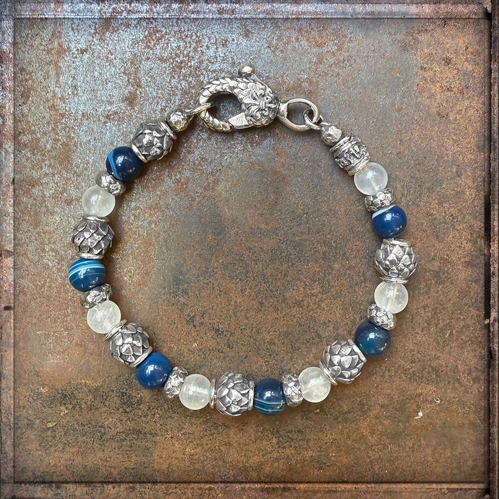 Elfcraft Armband Mondstein Achat Blau Dragon Scales Beads 925 Sterling Silber Massiv