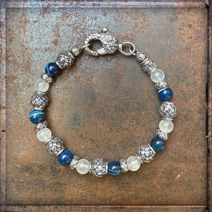 Elfcraft Armband Mondstein Achat Blau Dragon Scales Beads 925 Sterling Silber Massiv