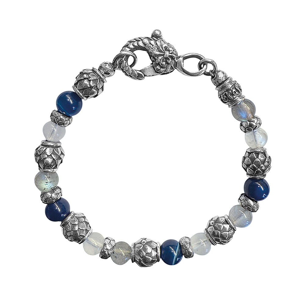 Elfcraft Armband 925 Sterling Silber Dragon-Scales-beads Drachenschuppenoptik Achatsteine Blau Weiß Unisex