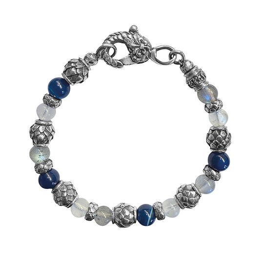 Elfcraft Armband 925 Sterling Silber Dragon-Scales-beads Drachenschuppenoptik Achatsteine Blau Weiß Unisex