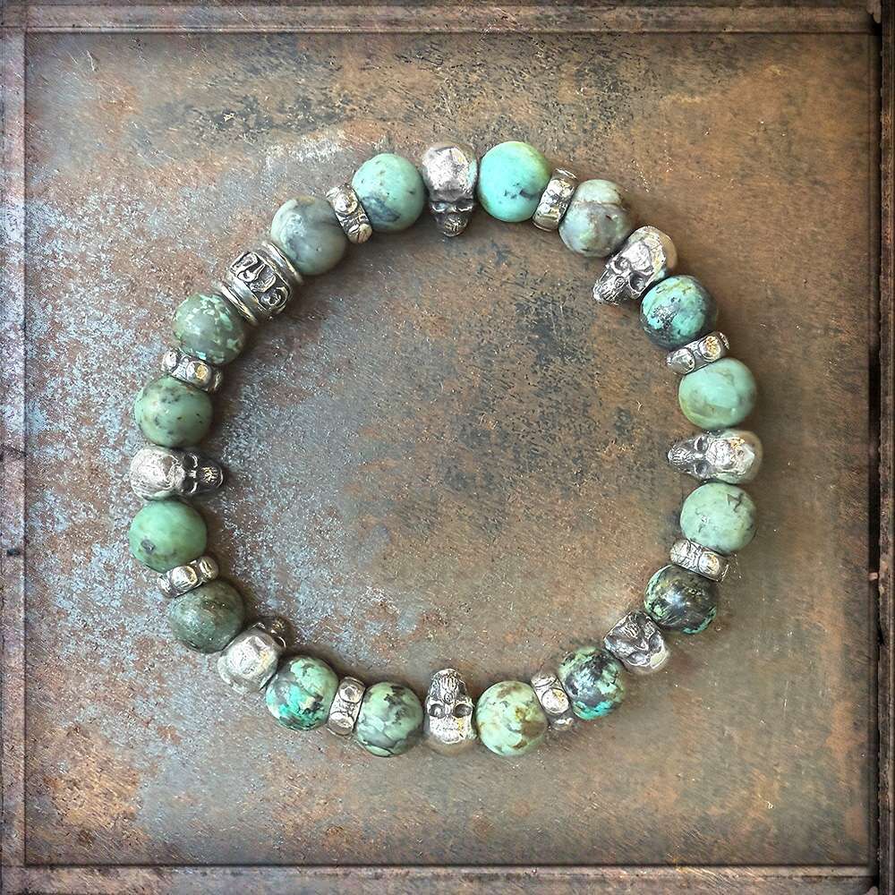 Elfcraft Armband Afrikanischer Türkis Skulls Totenköpfe Sterling Silber Massiv Dehnbar Unisex