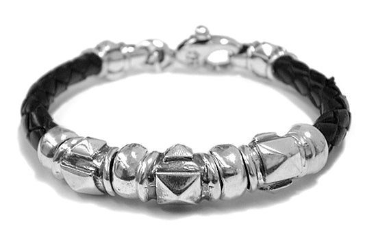 Elfcraft Armband Barrel Pyramies Tubes 925 Sterling Silber Massiv Leder Geflochten Schwarz 6 mm Unisex