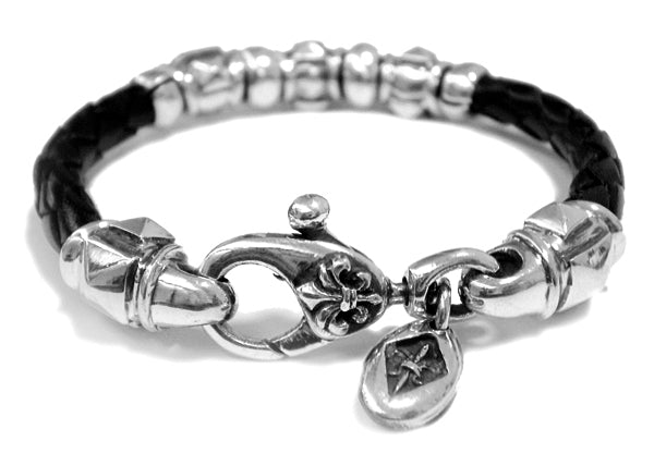 Elfcraft Armband Barrel Pyramies Tubes 925 Sterling Silber Massiv Leder Geflochten Schwarz 6 mm Lilien-Karabiner Unisex