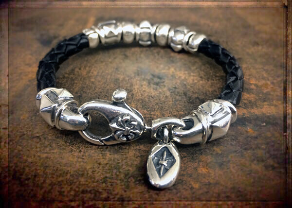 Elfcraft Armband Barrel Pyramies Tubes Sterling Silber Massiv Leder Geflochten Schwarz 6 mm Lilien-Karabiner Unisex
