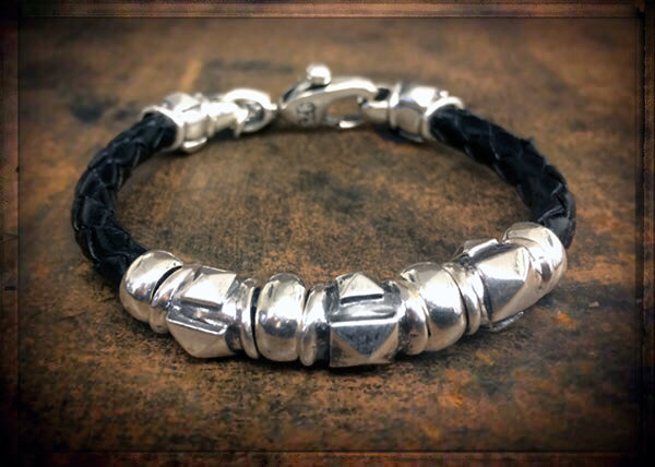 Elfcraft Armband Barrel Pyramies Tubes Sterling Silber Massiv Leder Geflochten Schwarz 6 mm Unisex