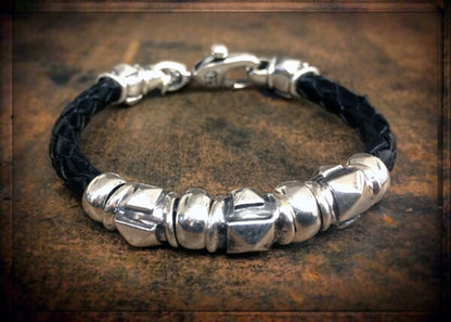 Elfcraft Armband Barrel Pyramies Tubes Sterling Silber Massiv Leder Geflochten Schwarz 6 mm Unisex