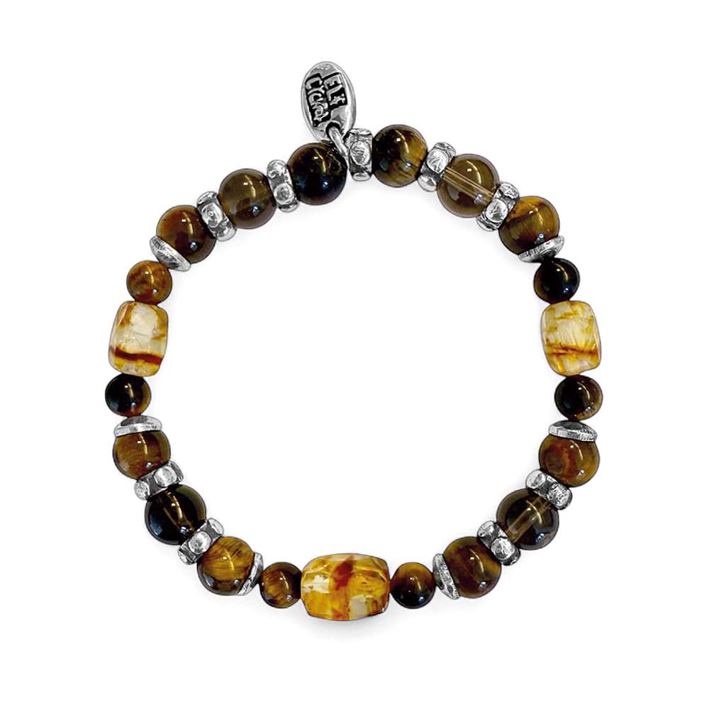 Elfcraft Armband Rauchquarz Bernstein Tigerauge 925 Sterling Silber Dehnbar Unisex