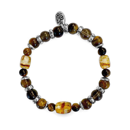 Elfcraft Armband Rauchquarz Bernstein Tigerauge 925 Sterling Silber Dehnbar Unisex