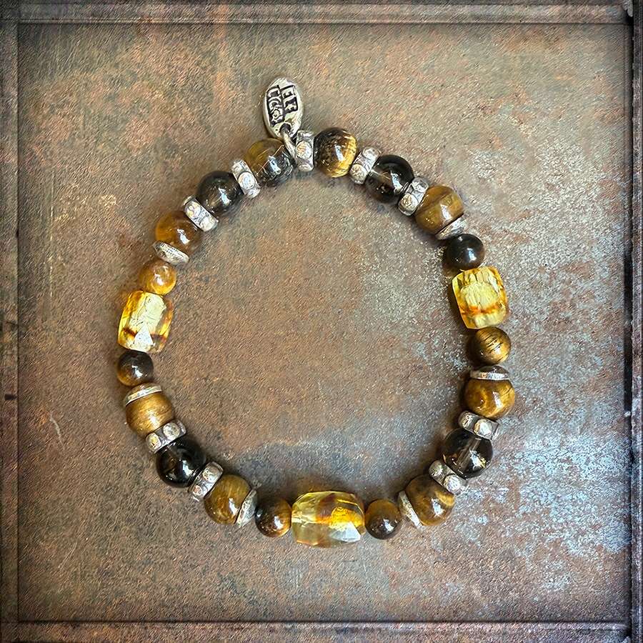 Elfcraft Armband Rauchquarz Bernstein Tigerauge 925 Sterling Silber Massiv Dehnbar Unisex