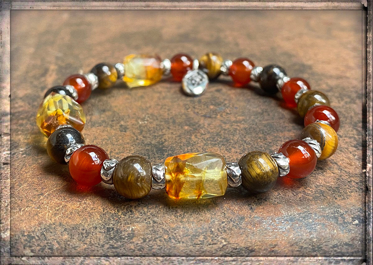 Elfcraft Armband Bernstein Facettiert Carneol Tigerauge Sterling Silber Dehnbar Unisex