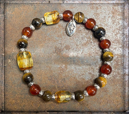 Elfcraft Armband Bernstein Facettiert Carneol Tigerauge 925 Silber Dehnbar Unisex