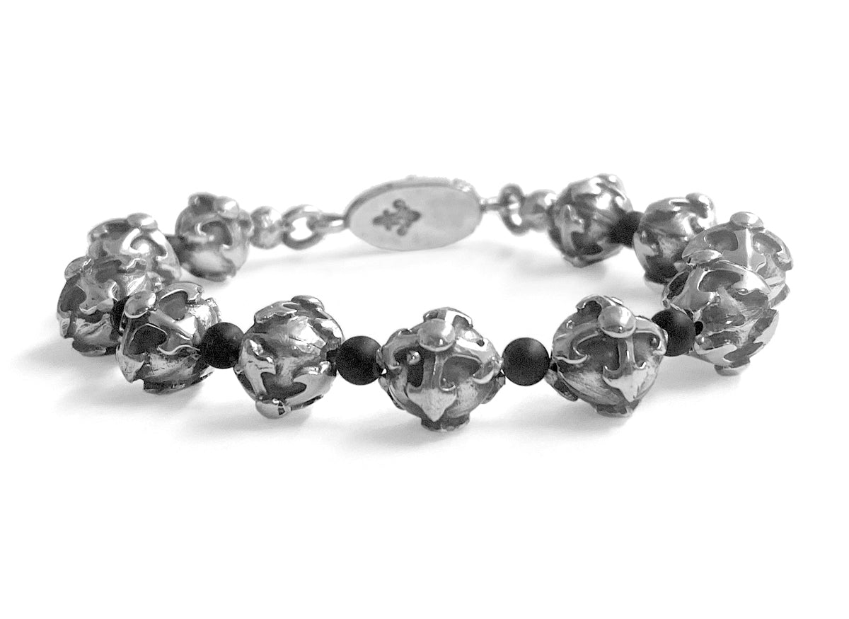 Elfcraft Armband 925 Sterling Silber Massiv Kreuz-Perlen Onyx Lilien-Verschluss Unisex