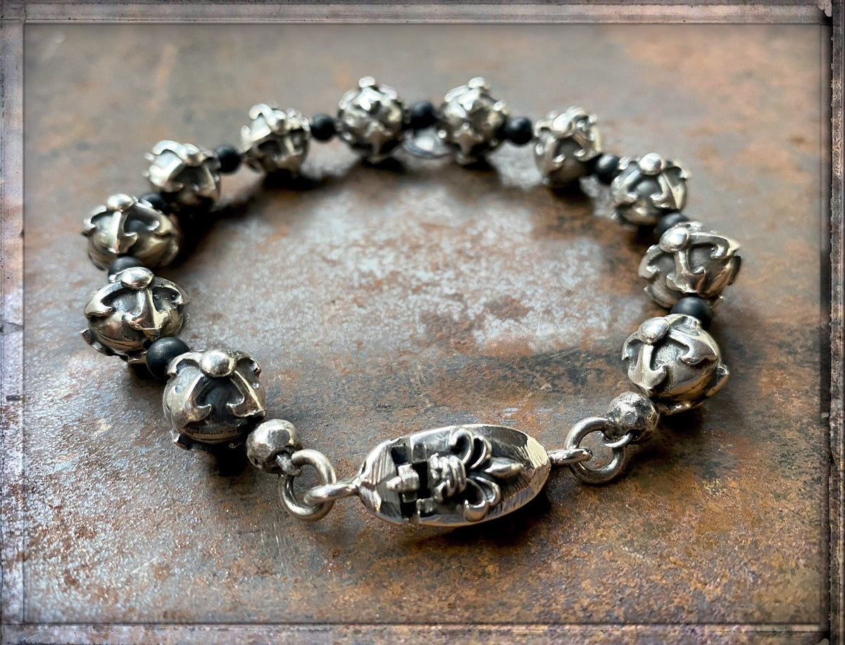 Elfcraft Armband Sterling Silber Massiv Kreuz-Perlen Onyx Lilien-Verschluss Unisex