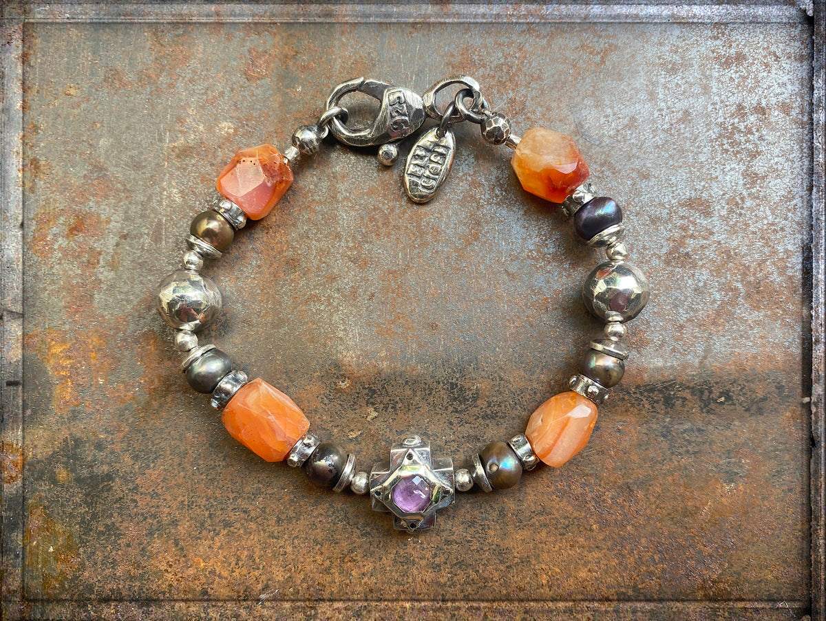 Elfcraft Armband Kreuz Amethyst Carneol Schwarze Perlen Schwarze Diamanten 925 Sterling Silber Unisex 1