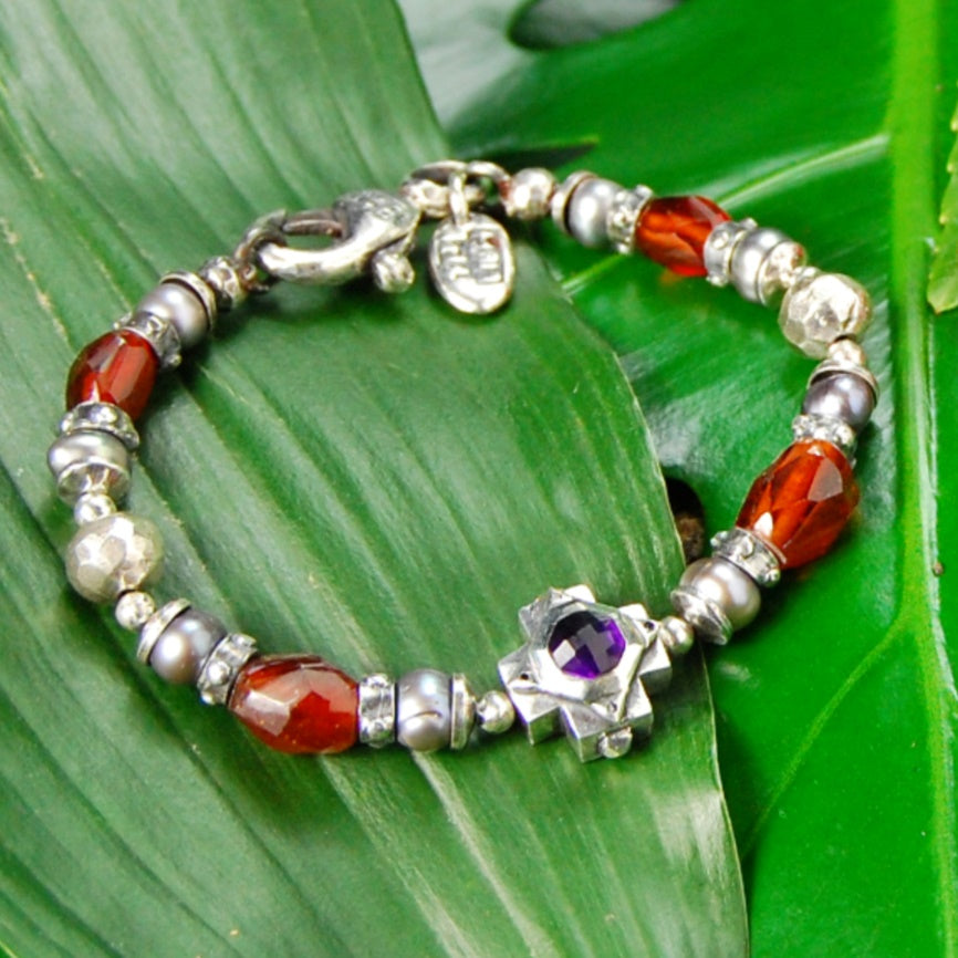 Elfcraft Armband Kreuz Amethyst Carneol Schwarze Perlen Schwarze Diamanten 925 Sterling Silber Unisex 2