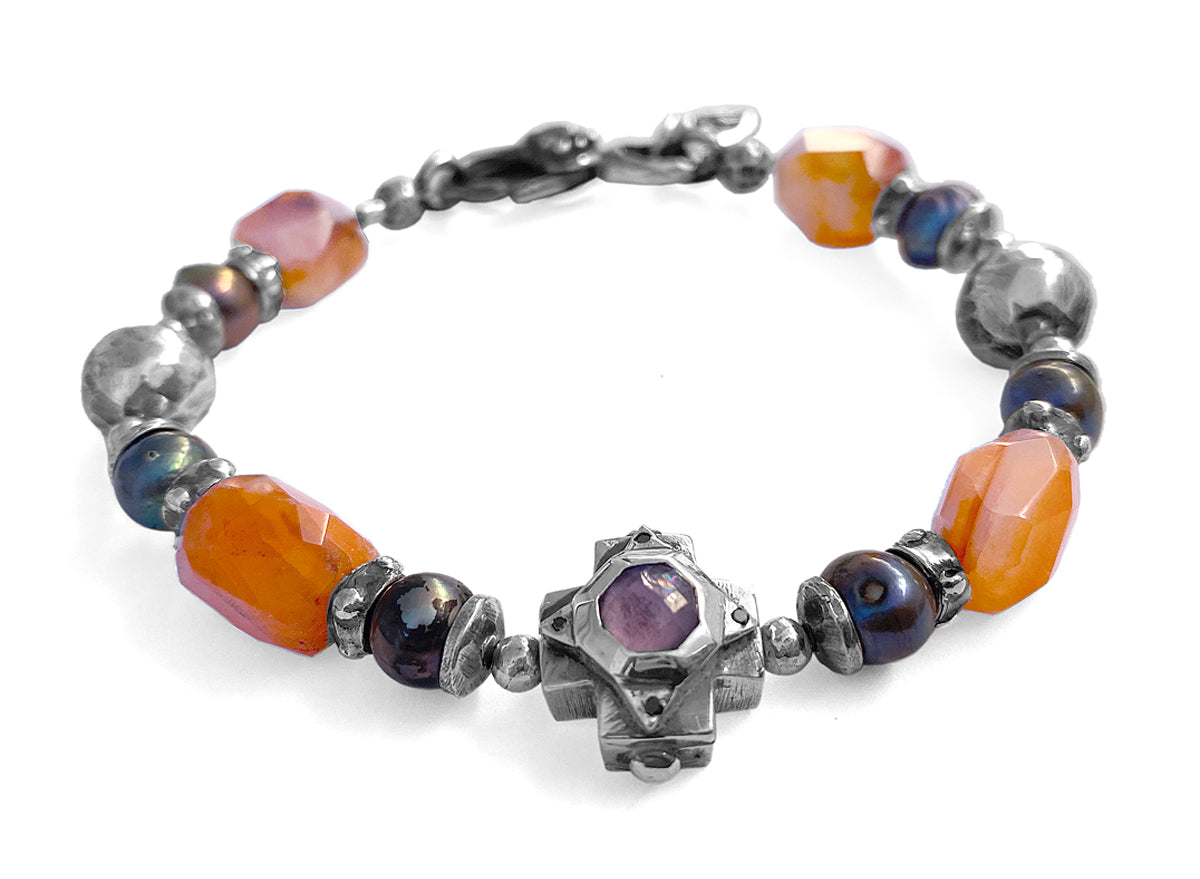 Elfcraft Armband Kreuz Amethyst Carneol Schwarze Perlen Schwarze Diamanten 925 Sterling Silber Unisex
