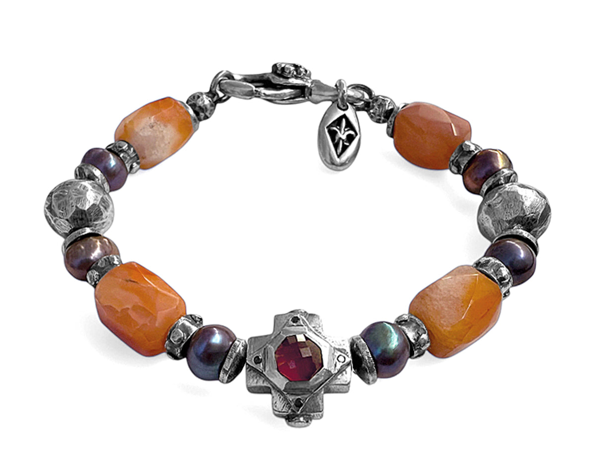 Elfcraft Armband Kreuz Carneol Granat Schwarze Perlen Schwarze Diamanten 925 Sterling Silber Unisex
