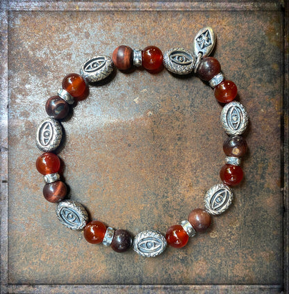 Elfcraft Armband Dragon Eye Rotes Tigerauge Carneol 925 Sterling Silber Massiv Dehnbar Unisex